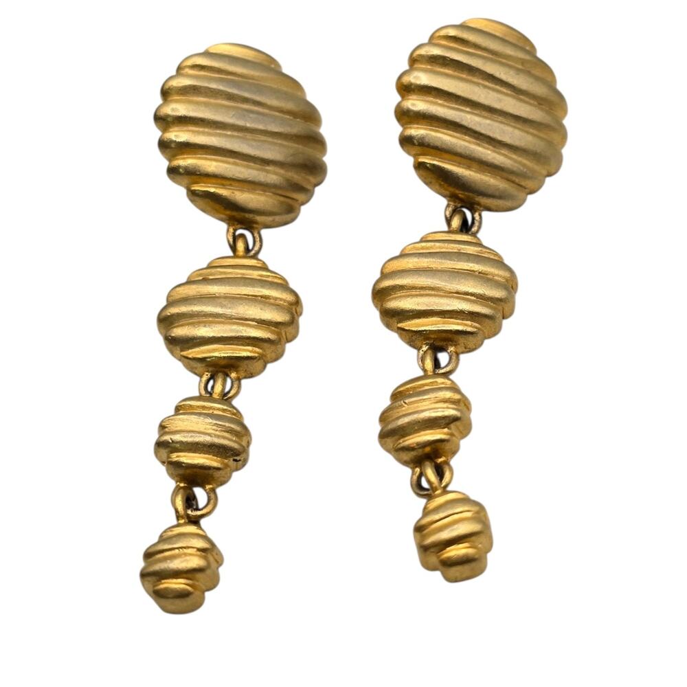 Vintage Ribbed Design Earrings Drop Flattened Dome Bead Textured Gold Tone Vtg